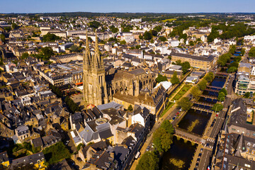 Aerial view of Quimper town and gothic Cathedral of Saint Corentin, France