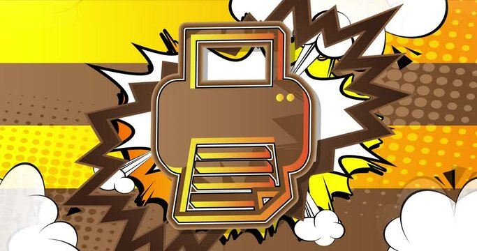 Printer icon, sign. Print, printing business concept. Motion poster. 4k animated Comic book symbol moving on abstract comics background. Retro pop art style.