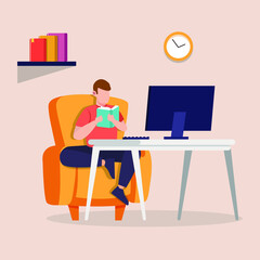 Young boy open and reading books on the sofa at the home. flat design concept. Vector illustration.