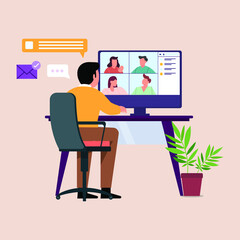 Executive man using computer for collective virtual meeting. Worker at desktop chatting with friends online. Vector illustration for videoconference, remote work, technology concept.