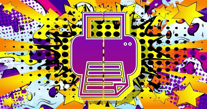 Printer icon, sign. Print, printing business concept. Motion poster. 4k animated Comic book symbol moving on abstract comics background. Retro pop art style.