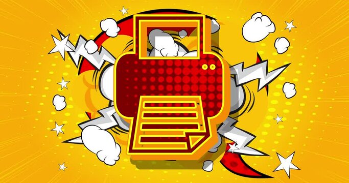 Printer icon, sign. Print, printing business concept. Motion poster. 4k animated Comic book symbol moving on abstract comics background. Retro pop art style.