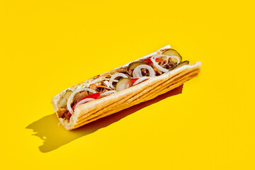 Beef cheesesteak with onion and pickle in minimal style. American fast food in yellow background with shadow. Philly steak sandwich trendy concept. Junk food in colour background.