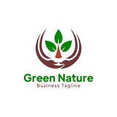 Green Nature Logo Design Template suitable for company logo with both hands hugging a tree