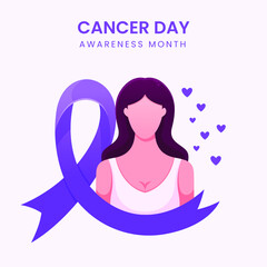 Fototapeta na wymiar World Cancer Day with ribbon. February 4 / lavender purple colour symbolic ribbons for raising awareness of all kind tumors supporting people living. / illness