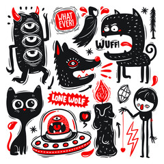 Funny Monster Icons Hand Drawn Doodle Vector