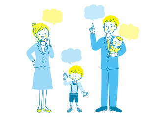 笑顔のスーツ姿の男女と子供達