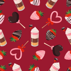 Seamless pattern for packaging design, Valentines Day. Chocolate-covered strawberries, heart-shaped lollipops, dessert cake in a glass. Vector flat illustration on an isolate background.