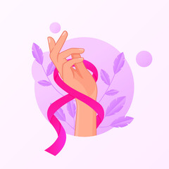 hand with ribbon of world cancer day vector illustration design