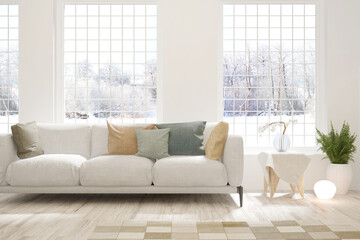 White living room with sofa and winter landscape in window. Scandinavian interior design. 3D illustration