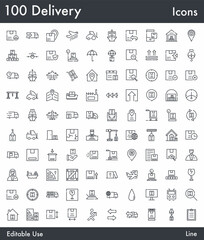 Mega 100 Delivery and Logistic vector line icon set. Contains linear outline icons like Shipment, Courier, Truck, Box, Parcel Tracking, Warehouse, Freight, Transport. Editable use and stroke for Web.