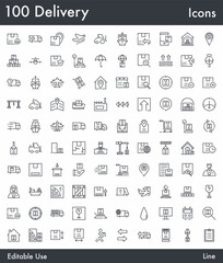 Mega 100 Delivery and Logistic vector line icon set. Contains linear outline icons like Shipment, Courier, Truck, Box, Parcel Tracking, Warehouse, Freight, Transport. Editable use and stroke for Web.