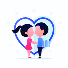 White day, March 14 after valentine day. Man give gift or chocolate back to the woman. Light blue heart background.Vector illustration. Flat design