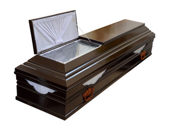 wooden coffin isolated on a white background. ritual services.The open wooden coffin, isolated on...