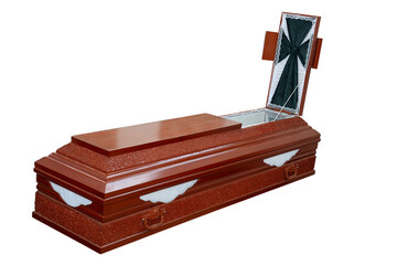 wooden coffin isolated on a white background. ritual services.The open wooden coffin, isolated on white background