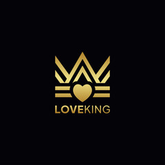 Love King Logo Vector Image, Glossy Gold Colored Luxury Illustration.