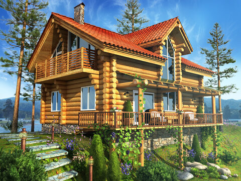 Wooden house with territory and garden. 3D illustration