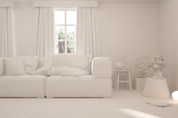 Mock up of minimalist living room in white color with sofa. Scandinavian interior design. 3D illustration