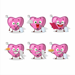 happy pink cupid love arrow waiter cartoon character holding a plate