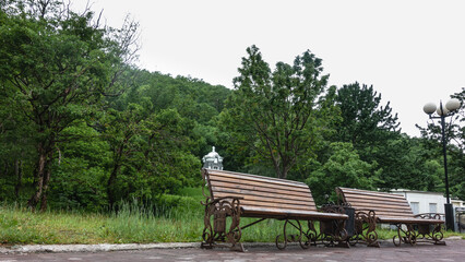 Wooden benches stand on the sidewalk in the park. The lawn is overgrown with lush grass. Behind, among the green trees, a chapel of gray stone is visible. Petropavlovsk-Kamchatsky