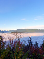 Fototapeta premium Dense winter cloud inversion partially covering mountains as seen from a BC park.