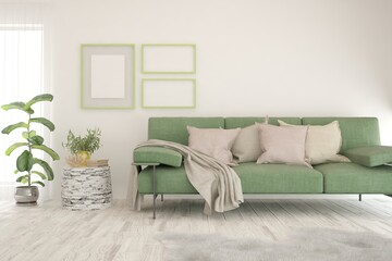 Obraz premium White living room with sofa. Scandinavian interior design. 3D illustration