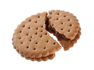 Broken tasty chocolate sandwich cookie with cream on white background