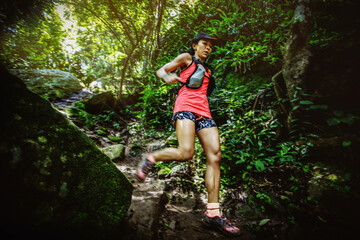 Naklejka na ściany i meble Woman ultra trail marathon runner running downhill through the tropical rainforest