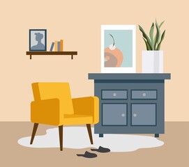 Part of the living room interior. Chest of drawers with house plants. Vector illustration.