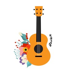Small ukulele guitar with flowers and leaves. Hand drawn style vector illustration.
