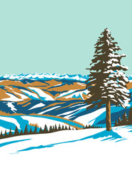 WPA poster art of Beaver Creek ski resort near Avon, Colorado, United States USA done in works project administration style or federal art project style.
- 483238142