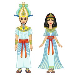 Cartoon portrait of Egyptian family in ancient clothes. Pharaoh, King, God. Full growth. Vector illustration isolated on a white background.