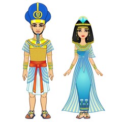 Cartoon portrait of Egyptian family in ancient clothes. Pharaoh, King, God. Full growth. Vector illustration isolated on a white background.