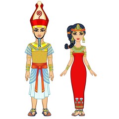 Cartoon portrait of Egyptian family in ancient clothes. Pharaoh, King, God. Full growth. Vector illustration isolated on a white background.
