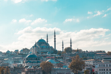 Fototapeta na wymiar Islamic background photo. Suleymaniye Mosque and cloudy sky