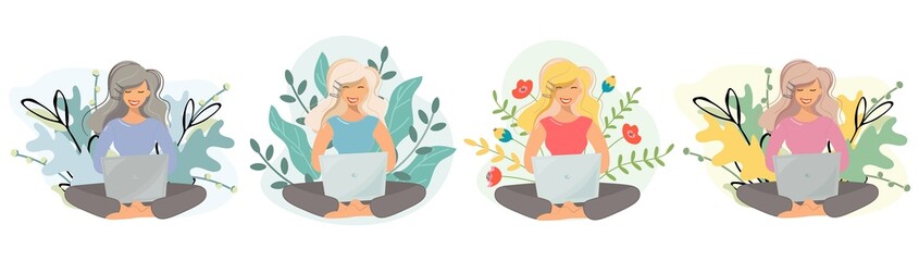 Woman, girl with a laptop in nature at different times of the year. Large green leaves and flowers in the background. The concept of work, freelance, online learning, remote work. Vector cartoon, flat