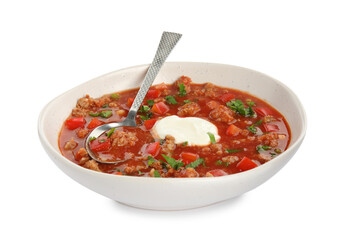 Bowl of delicious stuffed pepper soup on white background