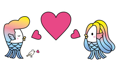 アマビエのカップルが、投げキッス。
コロナで流行った日本の妖怪「アマビエ」。
あまりにもコロナが長引くので、グレてポンパドールの髪型にしちゃったアマビエ君と、かわいいアマビエちゃんと鳥。
ベクターイラスト。