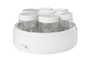 Modern yogurt maker with empty jars on white background