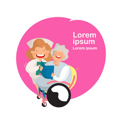 Nurse strolling with elder grey haired woman in wheelchair. Vector 
