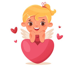 Funny cupid, little angels or amur. Cute cupid girl with a big valentine heart. Romantic flat character. 