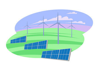 Solar panels and wind power generators in the field. Green renewable energy. Vector illustration 