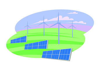 Solar panels and wind power generators in the field. Green renewable energy. Vector illustration 