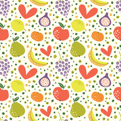 Seamless pattern with hearts, apple, fig, pear, banana, grapes.