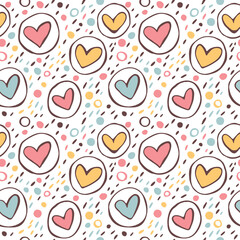 Seamless pattern with hearts in pastel colors. Great for baby clothes, fabrics, prints, wallpapers and other surfaces.