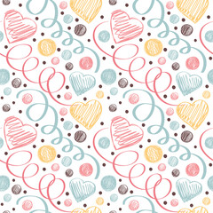 Seamless pattern with hearts and serpentine in pastel colors.