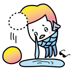 アマビエ君は、あまりにもコロナが長引くので、グレてポンパドールの髪型にするが、
その自慢の髪の毛が地面に落ち、涙で水たまりができちゃった。
サングラスも地面に。
コロナで流行った日本の妖怪「アマビエ」のベクターイラスト。
