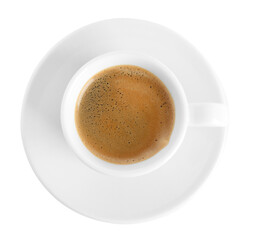 Cup of tasty coffee isolated on white, top view