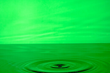 Naklejka na ściany i meble Bright green background with diverging circles from dropped drop on surface water.