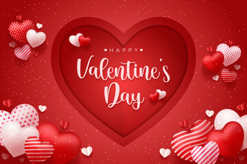 Happy Valentine's Day vector design background with realistic 3d heart for Greeting Card,  flyer, Poster, Banner etc. Vector Illustration Graphic.